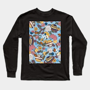 Planets and Flowers on Blue Long Sleeve T-Shirt